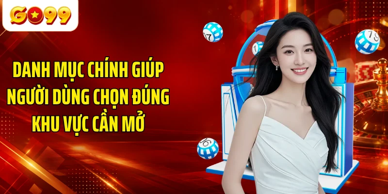 Danh mục chính giúp người dùng chọn đúng khu vực cần mở